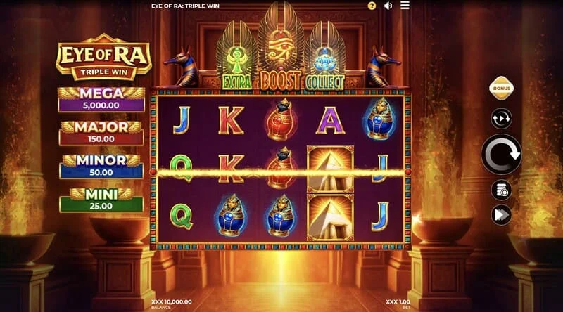 Eye of Ra Triple Win - κύρια οθόνη παιχνιδιού με πέντε τροχούς